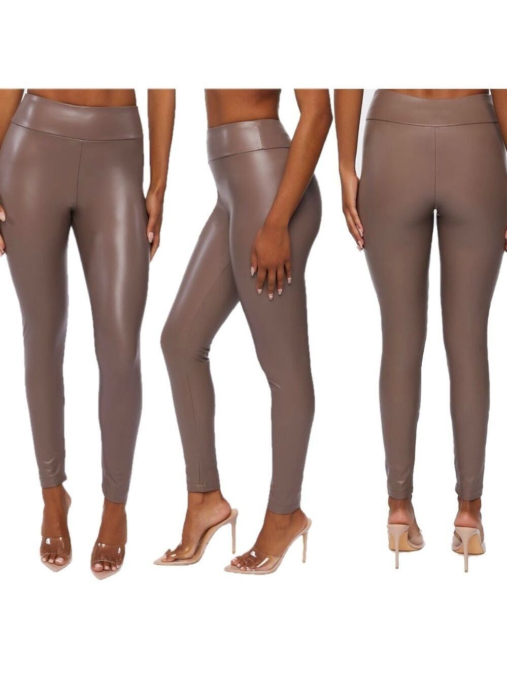 FOREVER 21 Women's Taupe Faux Leather High-Rise Leggings pleather vegan Sz M